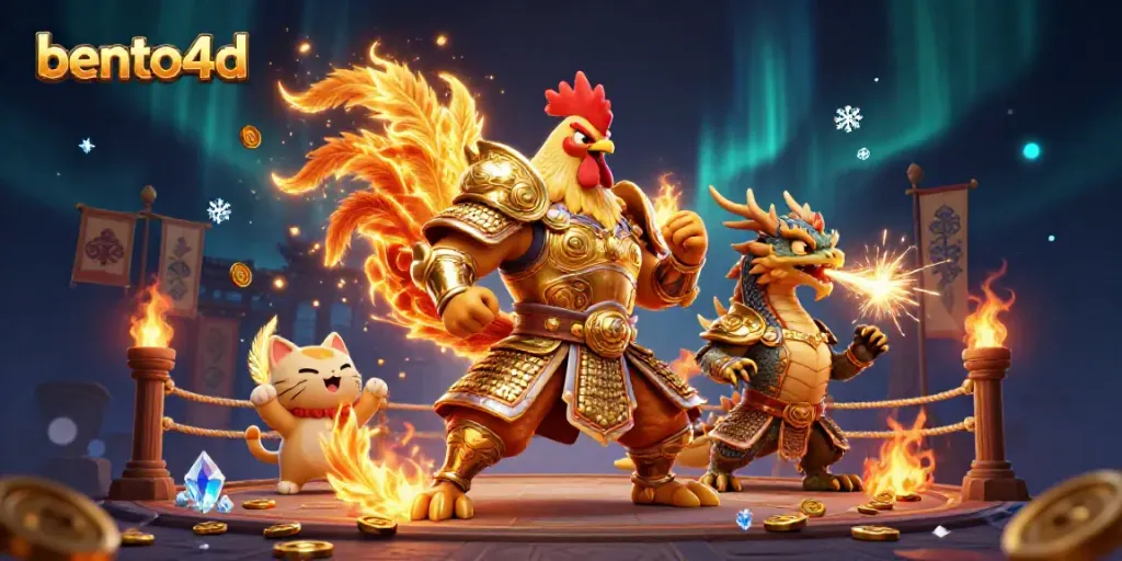 Engage in thrilling battles with bento4d's samurai rooster and dragon in a vibrant casino scene.