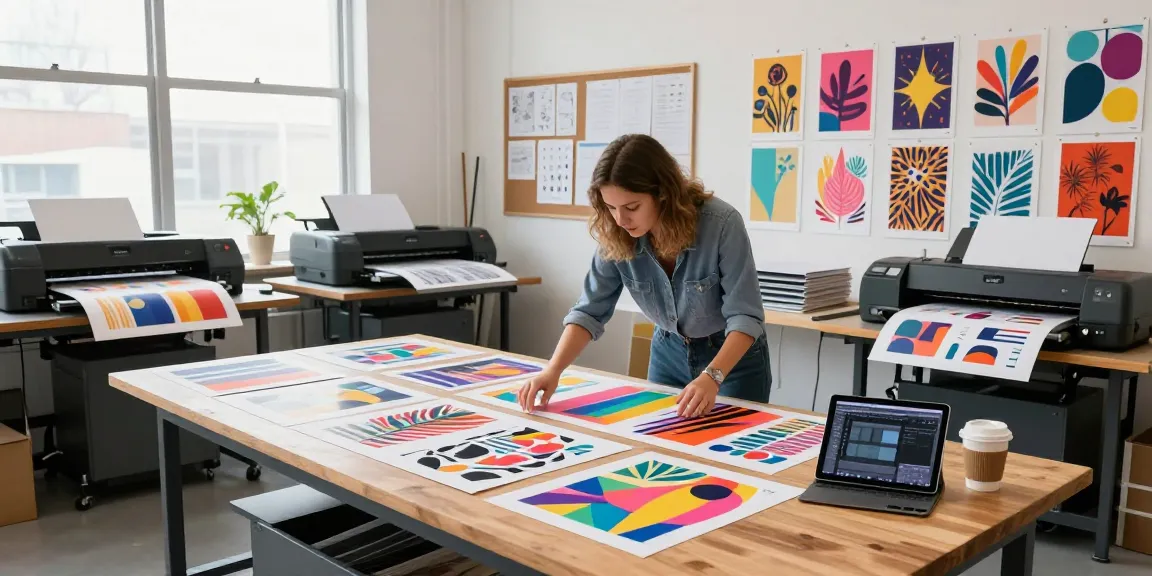 Custom poster printing scene showcasing vibrant designs and a creative workspace