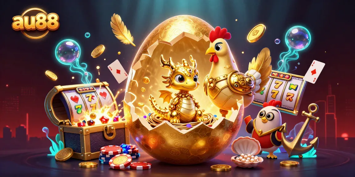 Experience the excitement of au88 with a golden dragon, poker chips, and dynamic slot elements in this vibrant illustration.