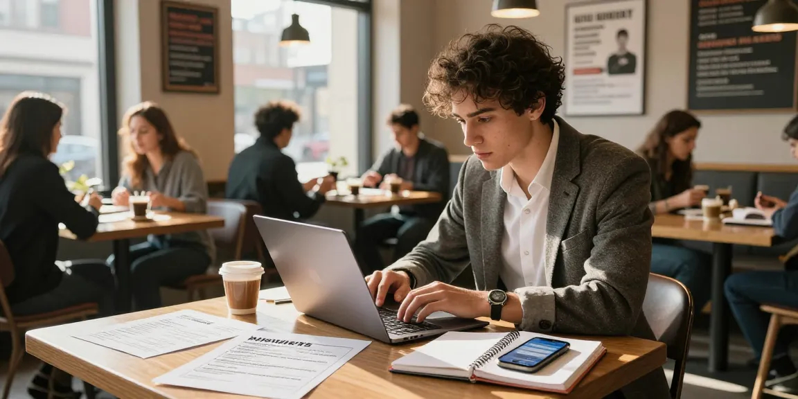 Hospitality job search scene showing a job seeker reviewing listings in a coffee shop.