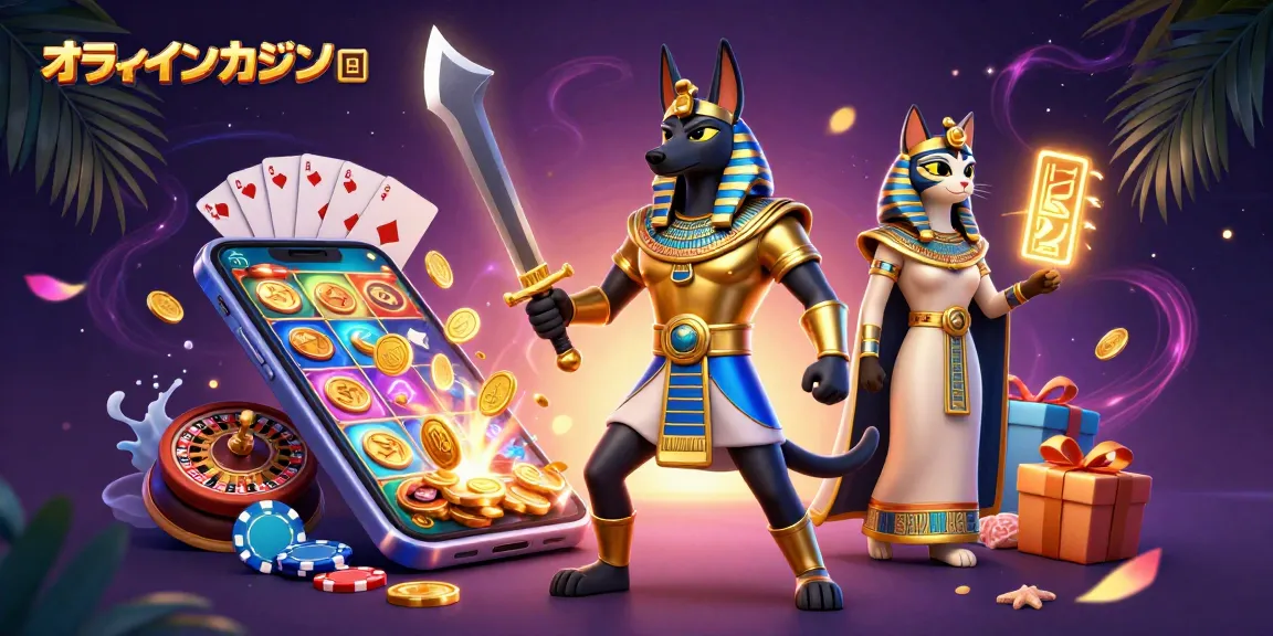 オンラインカジノ 日本でのスロット体験をアピールするイラスト、ゴールドの戦士や猫のクルーとともに