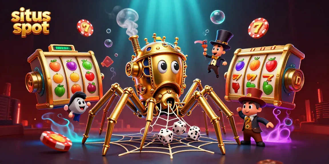 Engage in situs slot action with a vivid steampunk spider scene showcasing intricate game elements.