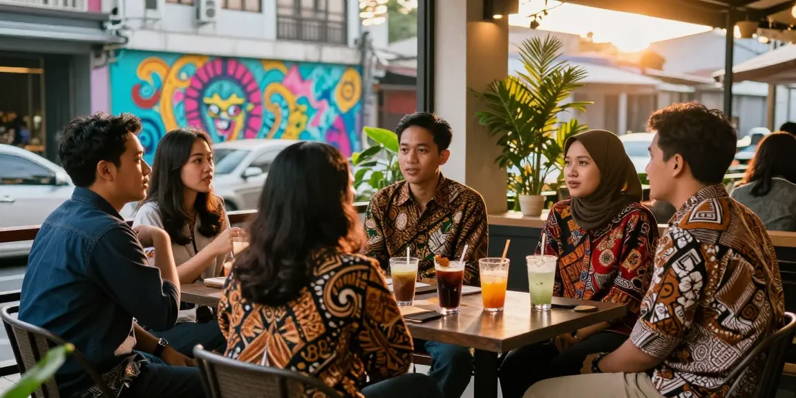 Interaksi kelompok muda di kafe dengan gaya Batik 88 yang berwarna-warni.