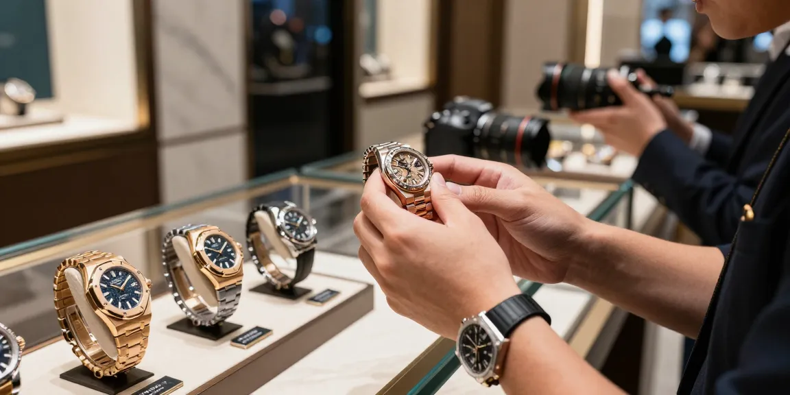 Explore stunning clone watches in an upscale boutique setting, showcasing premium super clones like Rolex and Audemars Piguet.