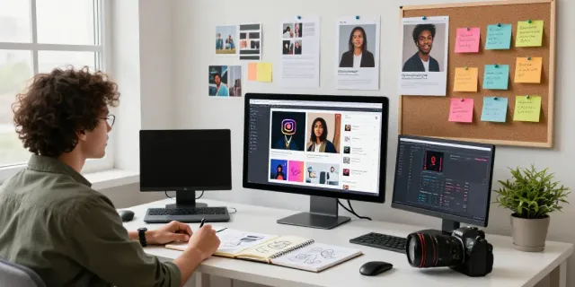 Person brainstorming AI generated Instagram post ideas in a creative workspace with mood boards and analytics.