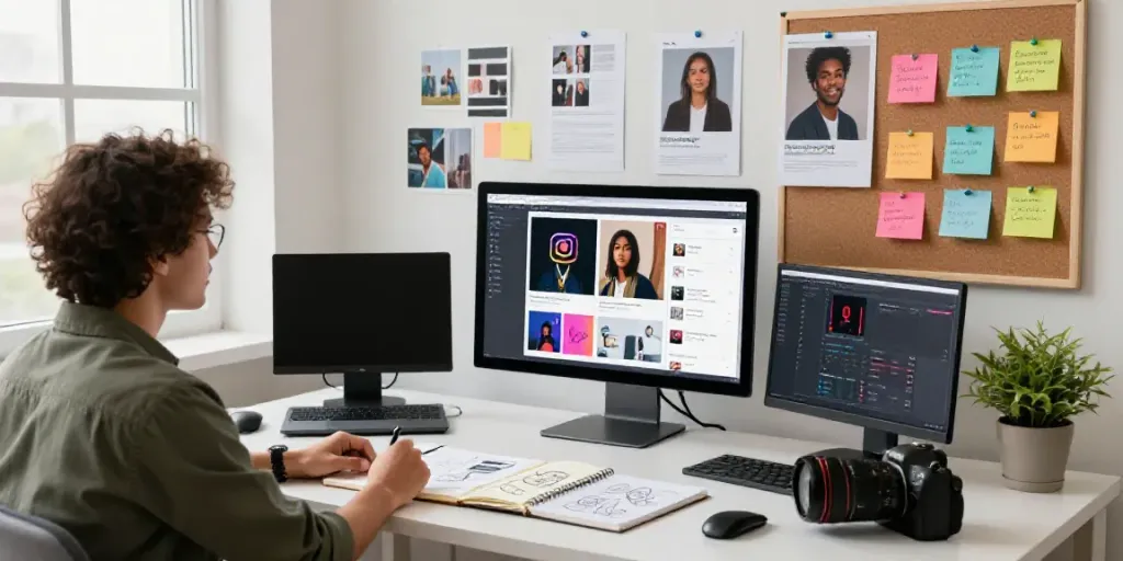 Person brainstorming AI generated Instagram post ideas in a creative workspace with mood boards and analytics.