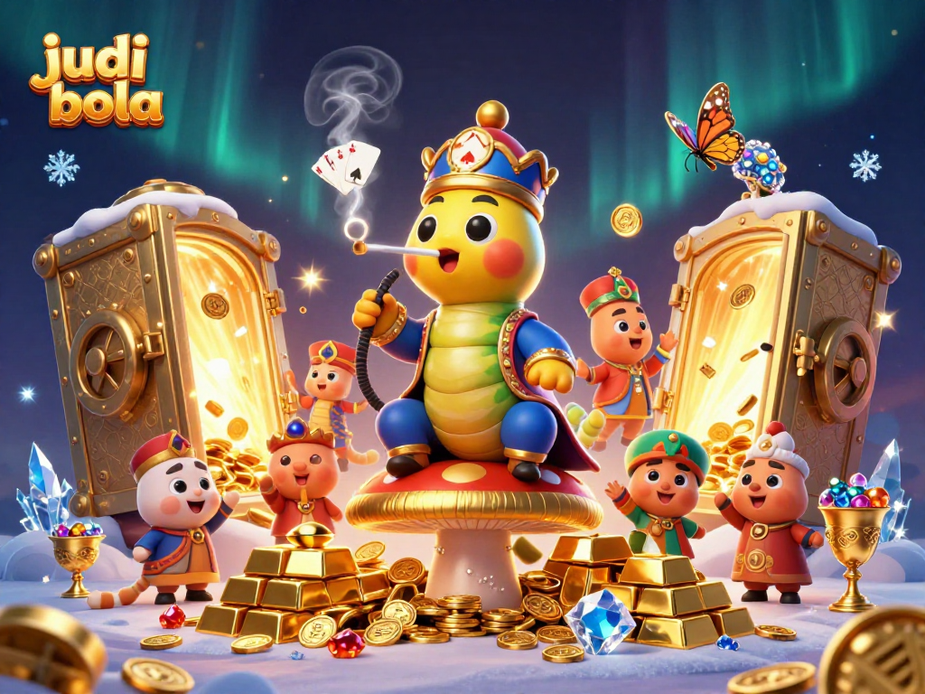 Experience judi bola in a vibrant scene featuring a caterpillar hookah-master and treasure elements.