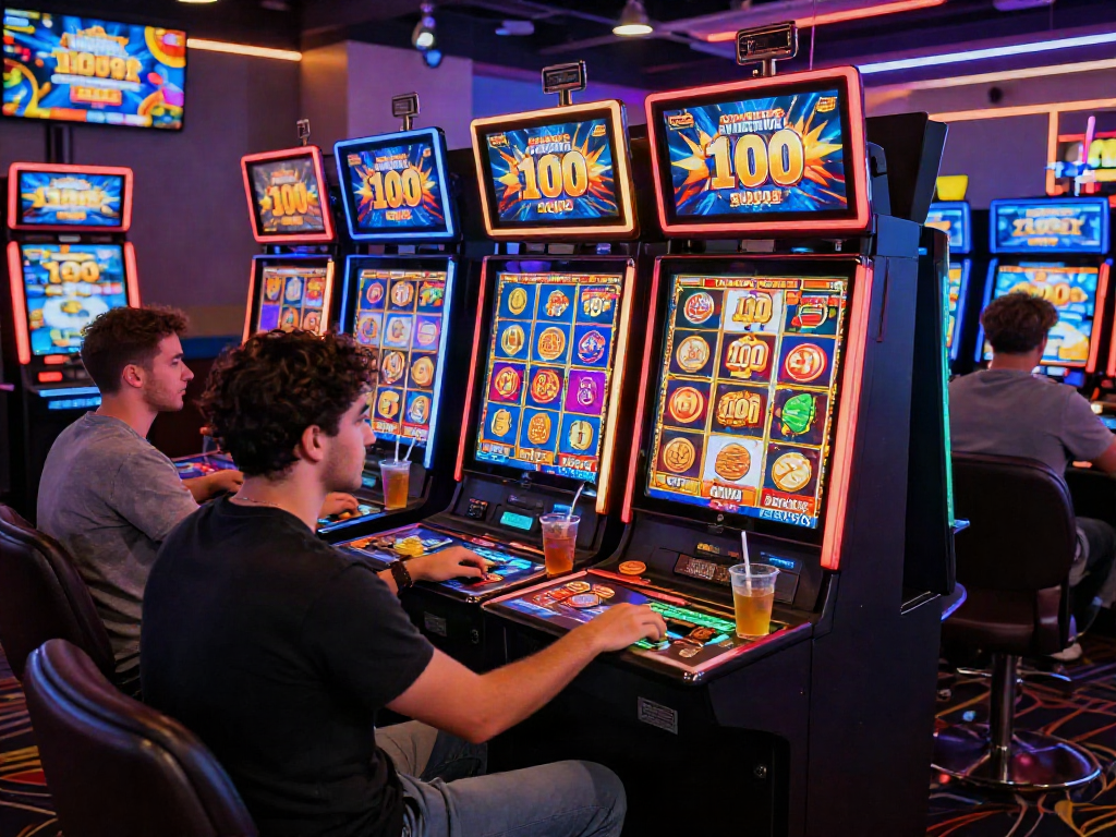 Exciting atmosphere of players enjoying slot games with slot bonus new member 100 promotions.