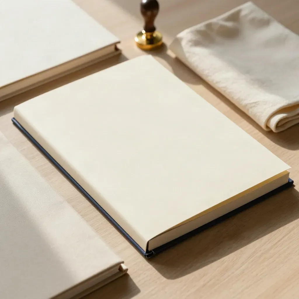 Flat lay of a fund formation kit with folios, stamp, and cloth on pale oak.