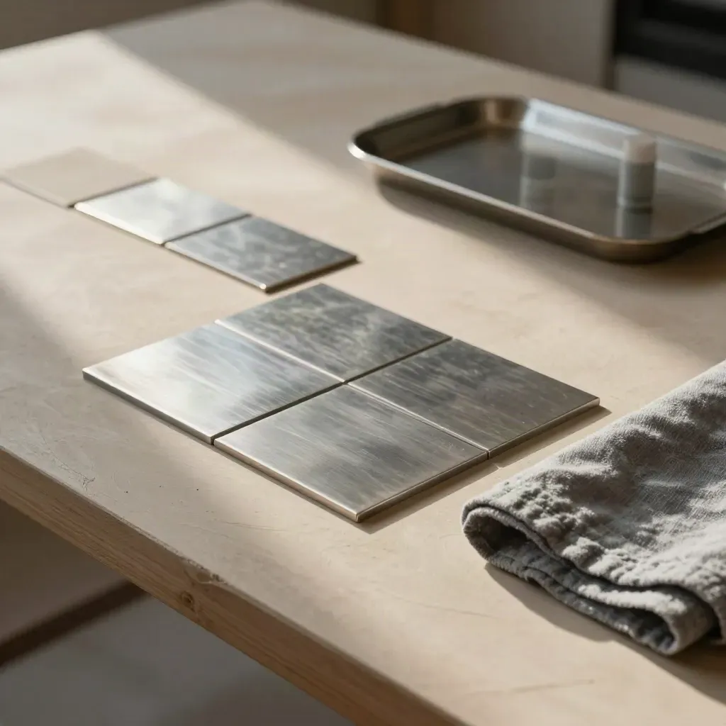 Stone markers and brushed tiles map portfolio risk diagonally on warm plaster.