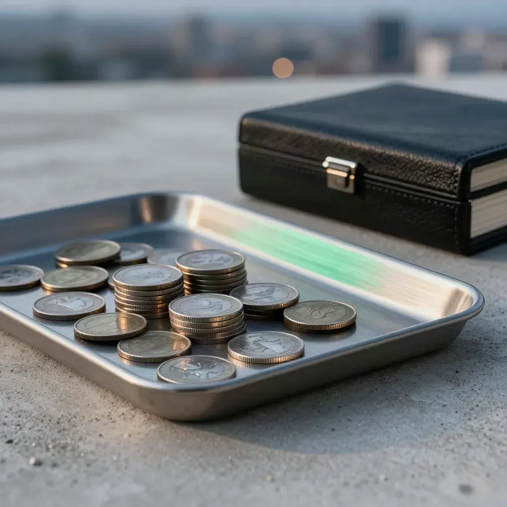 Silver coins, a closed watch box and ledger case on pale concrete at blue hour.