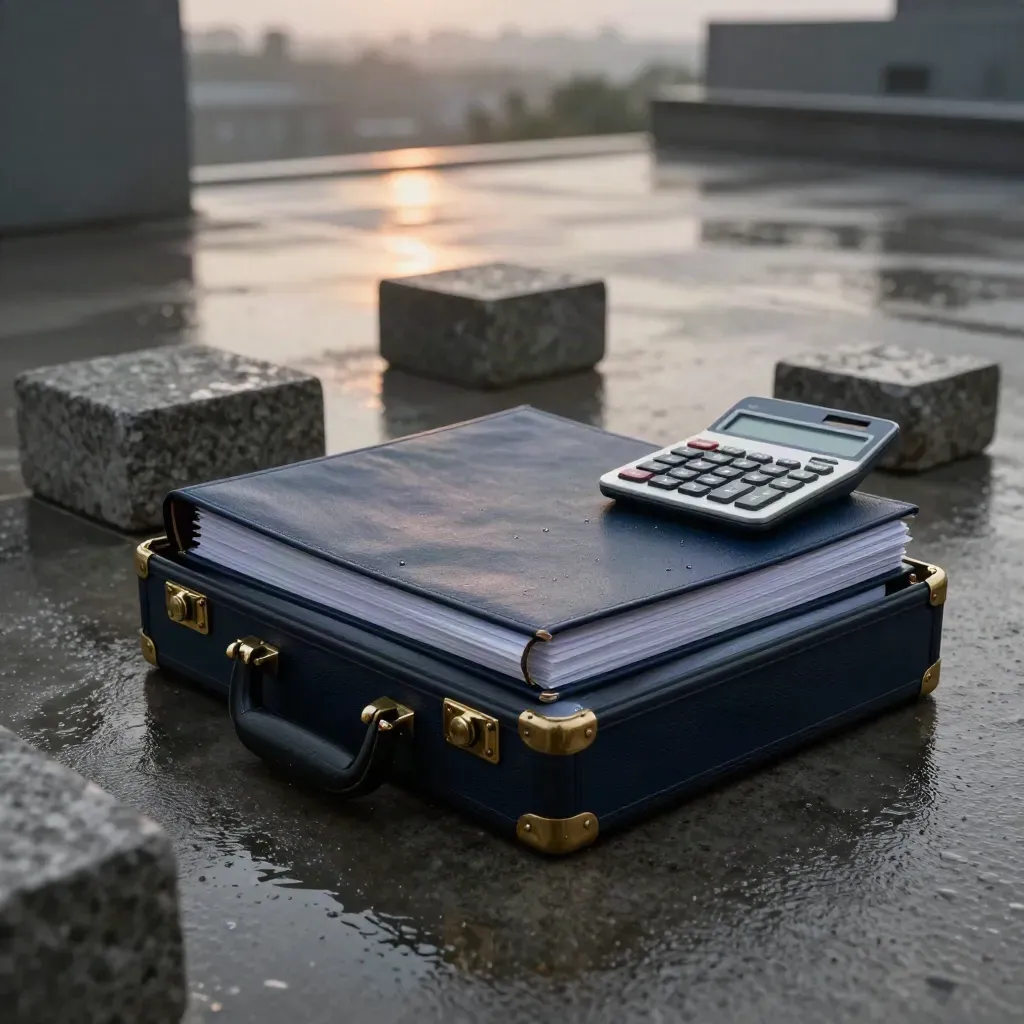 Rain-slick terrace with navy portfolio case, binders, stone blocks and calculator in dramatic light.