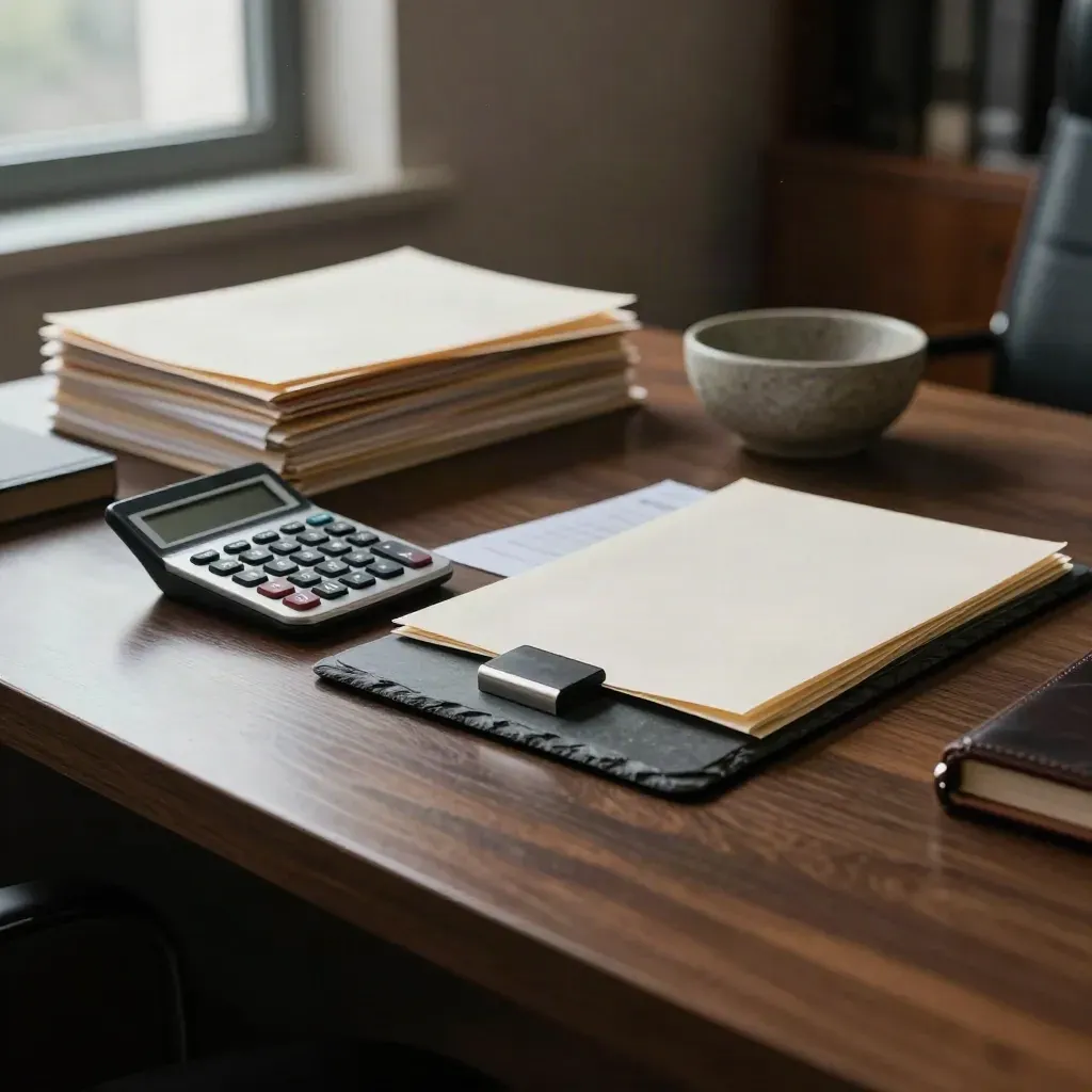 Graphite calculator, sealed report sleeves, slate paperweight and ceramic bowl on a stone risk desk