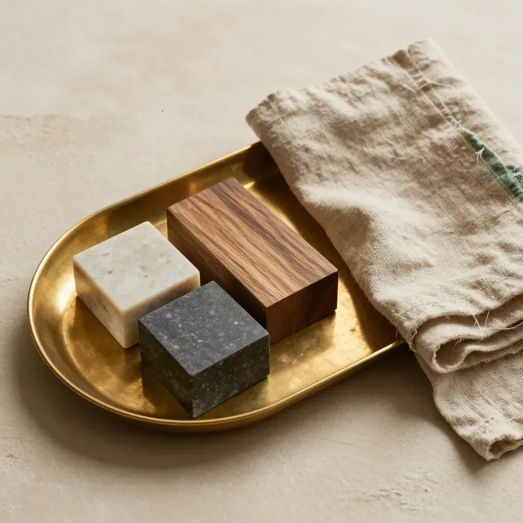 Brass tray with three material blocks and linen on warm plaster, seen from above.