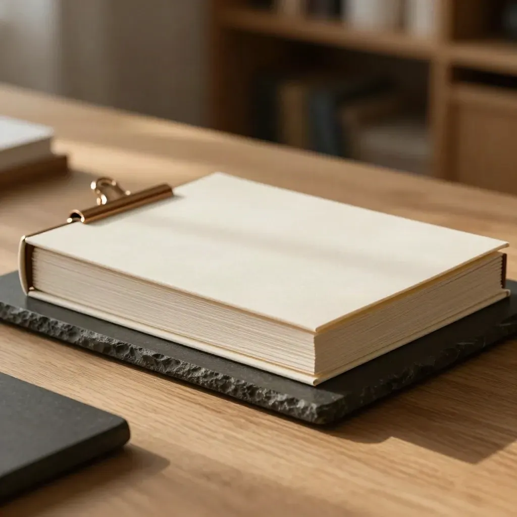 Closed investor report folio with bronze clip on a stone tray, on pale oak in warm afternoon light.