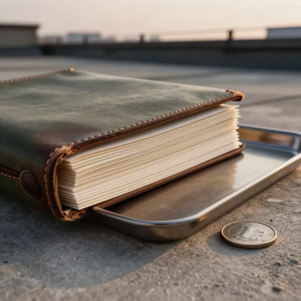 Leather folio, sealed packets, metal tray and coin on a rooftop at dusk.
