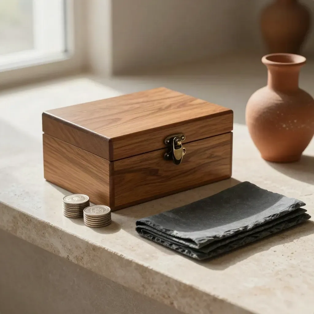 Treasury still life with reserve box, silver token stack, slate cloth and ceramic vessel on pale stone.