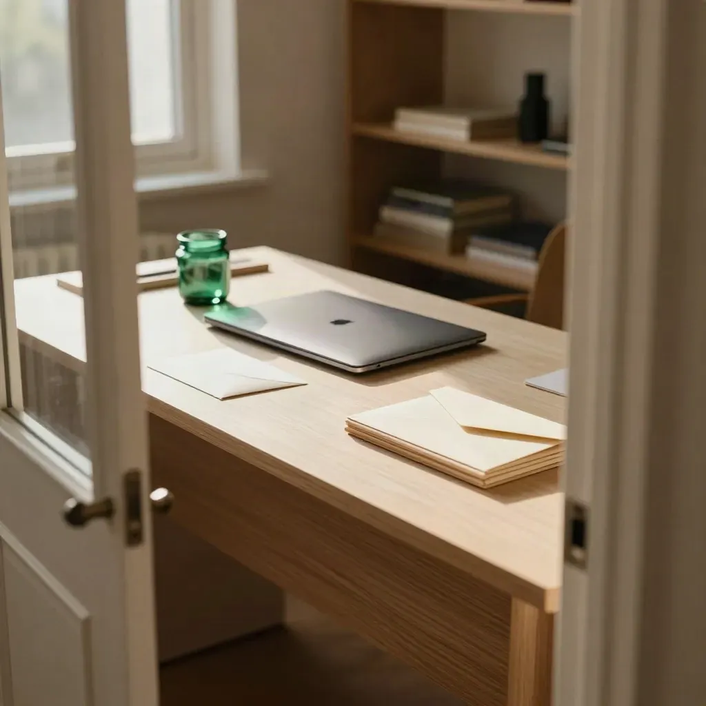 Closed laptop, reserve jar and envelope stack on a pale wood blotter in soft morning light