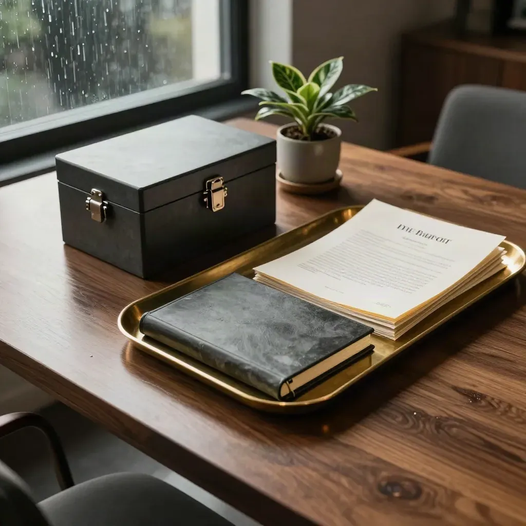 Storm-lit SME capital planning table with cash box, stone notebook, brass tray, plant and rain-dark glass