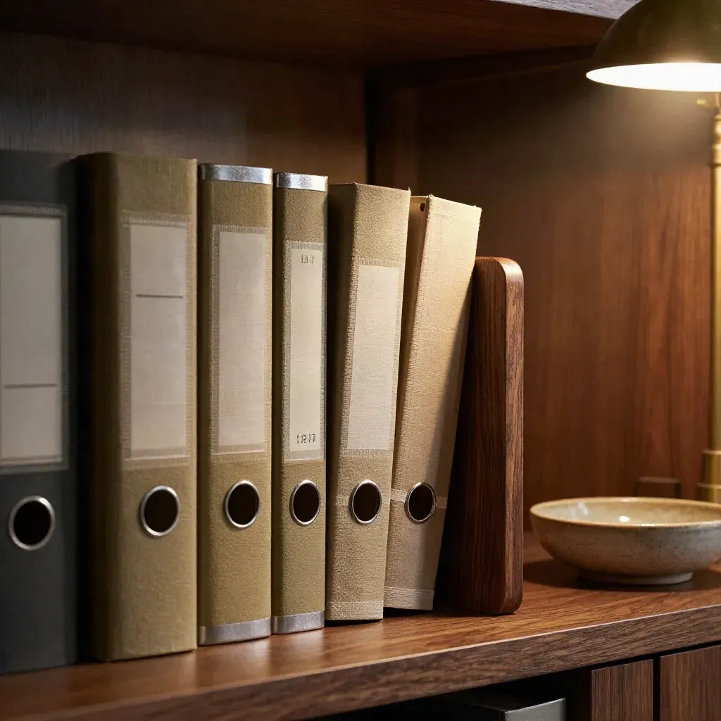 Khaki binders, oak bookend and ceramic bowl in a warm library corner lit by a lamp.