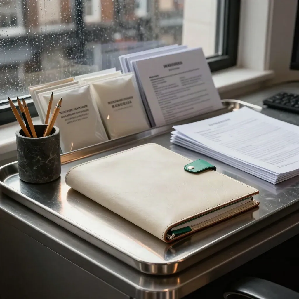 Rainy London fund desk with folio case, metal tray and pencil cup by a window.
