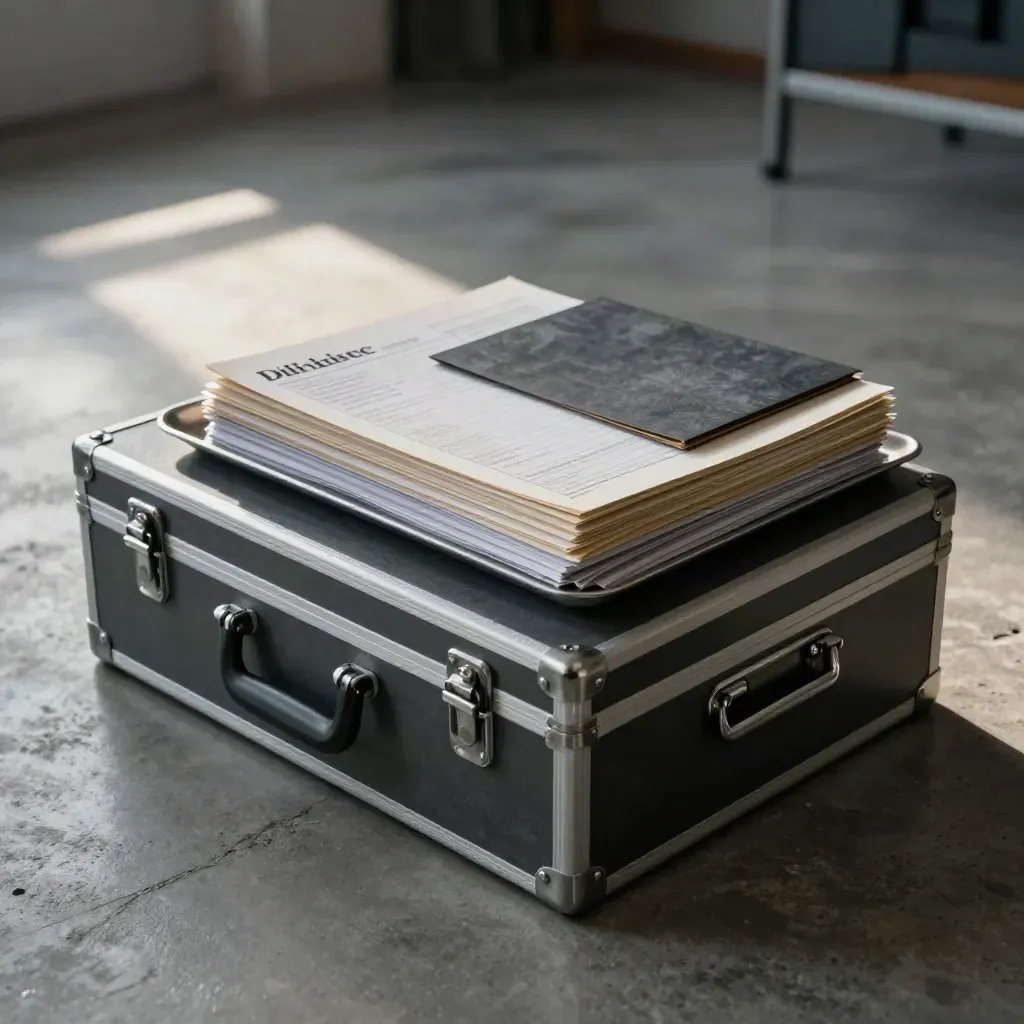 Due-diligence dossier box, sample boards and metal tray in a dim finance review room