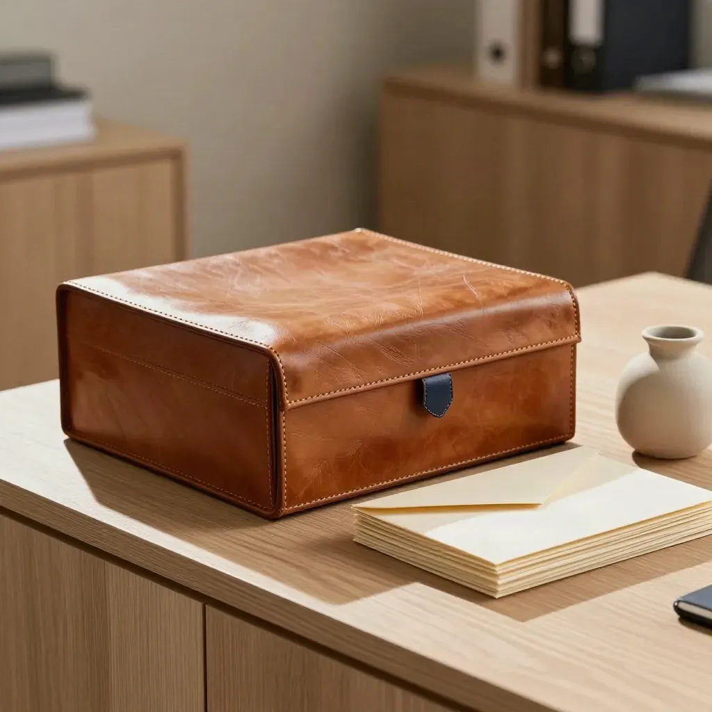 Leather archive case, cream envelopes, and ceramic vessel on pale oak in warm window light.