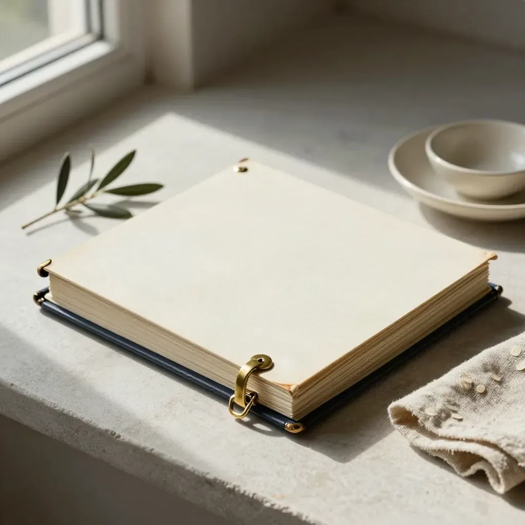 Brass-clasp fund binder, olive sprig, linen, and ceramic dish on stone in soft window light.
