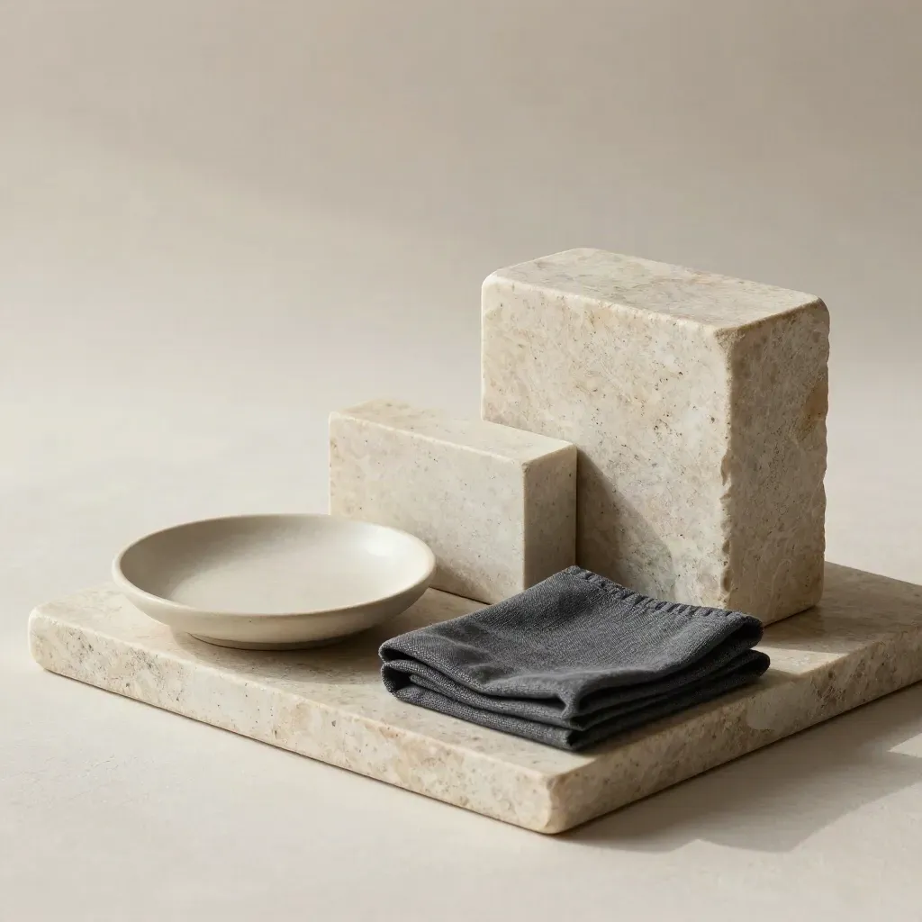 Stone allocation blocks, ceramic dish and charcoal cloth on a matte tray in soft daylight.