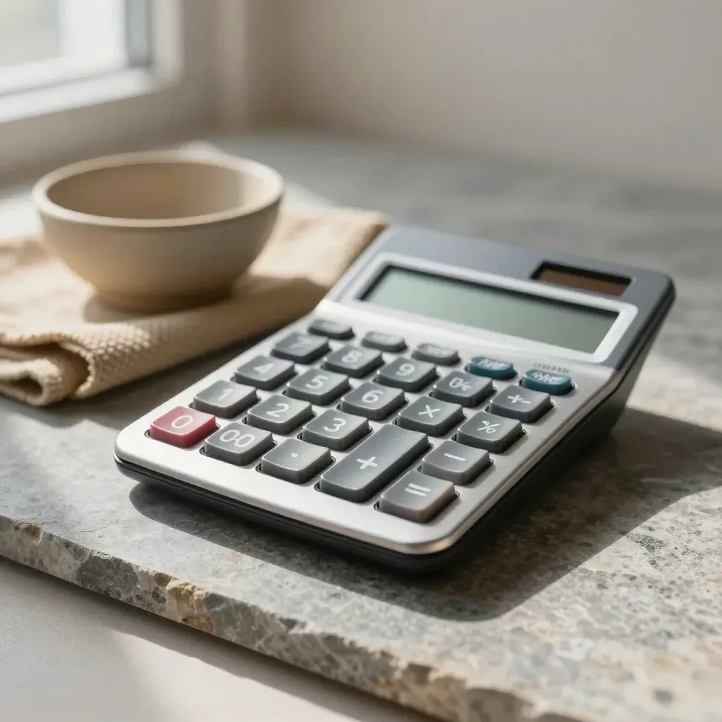 Graphite calculator beside sand cloth and ceramic bowl on brushed stone, side-lit in a finance still life
