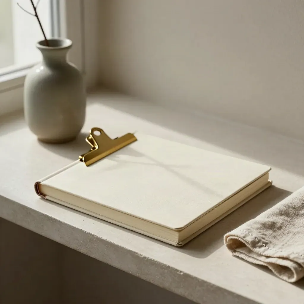 Cream investor notebook, brass clip, linen cloth and vase on pale plaster shelf in soft side light