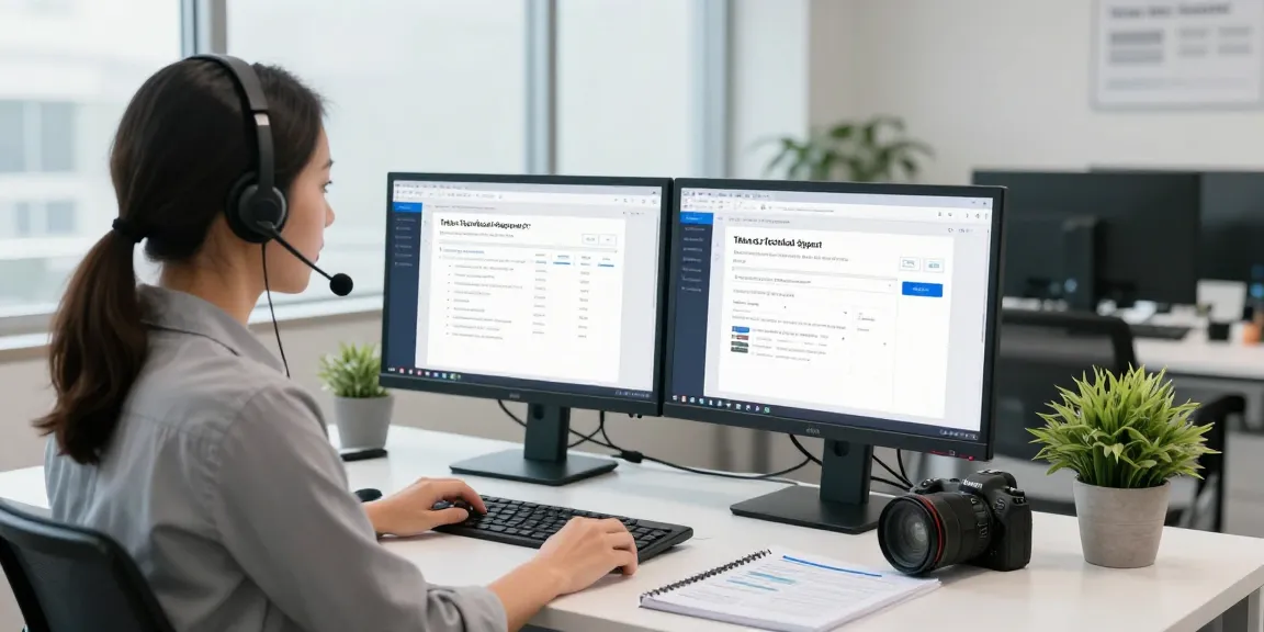 Customer service representative handling Telus-Technical-Support calls in a modern office.