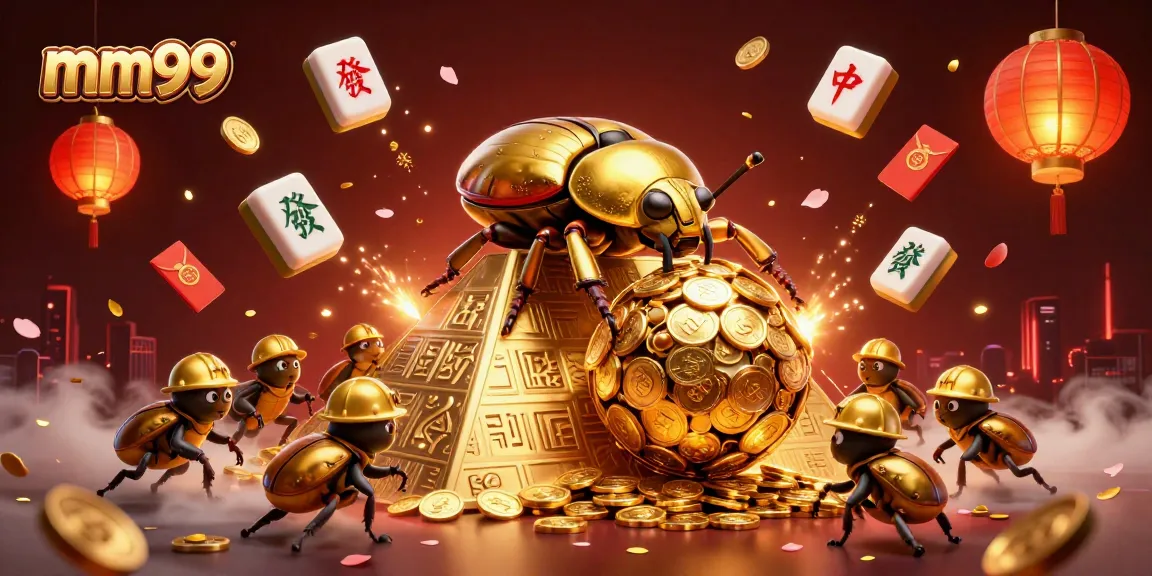 Experience the thrill of mm99 as a golden beetle conquers a pyramid of coins, surrounded by festive casino elements.