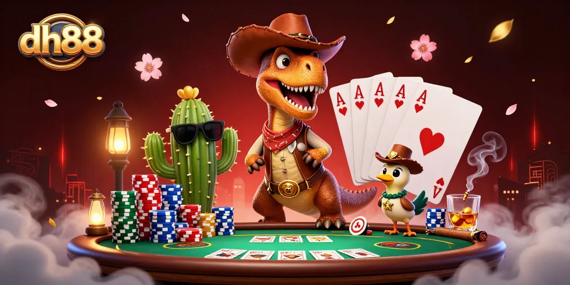Experience thrilling casino action with dh88 as a T-Rex cowboy and friends at the poker table.