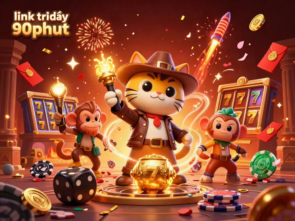 Engage with link trực tiếp 90phut through a dynamic casino scene featuring an explorer cat and monkey companion amid golden treasures.