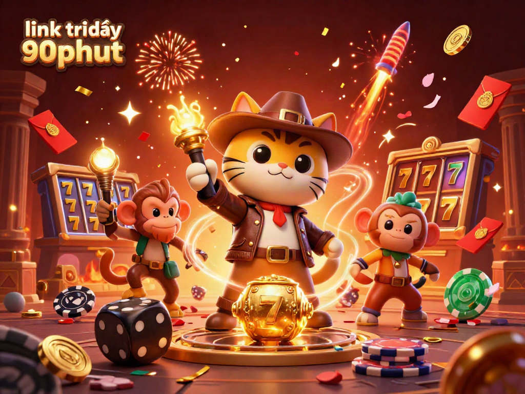 Engage with link trực tiếp 90phut through a dynamic casino scene featuring an explorer cat and monkey companion amid golden treasures.