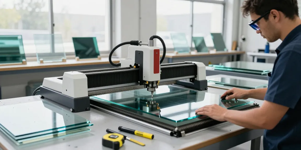 CNC glass cutting machine in action, showcasing precise glass processing techniques and craftsmanship.