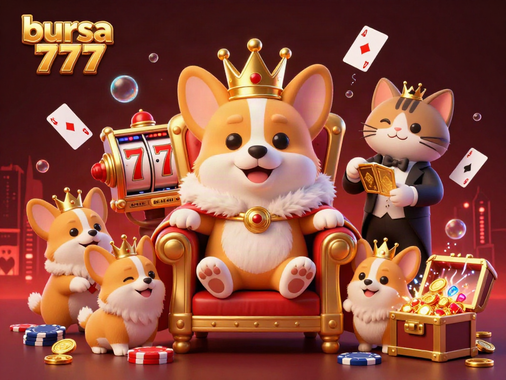 Mesin slot bursa 777 di latar belakang dengan corgi kerajaan yang mengenakan mahkota emas dan pelindung ermine.
