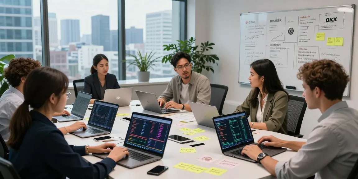 Focus on a team analyzing OKX reviews and trading strategies in a modern office.