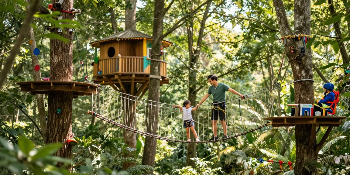 Rope Bridge design showcased as a family enjoys crossing between trees in a vibrant forest.