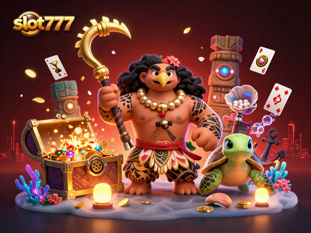 Engage with slot777 as the Polynesian hawk and a turtle uncover treasures, battling luck in a vibrant casino scene.