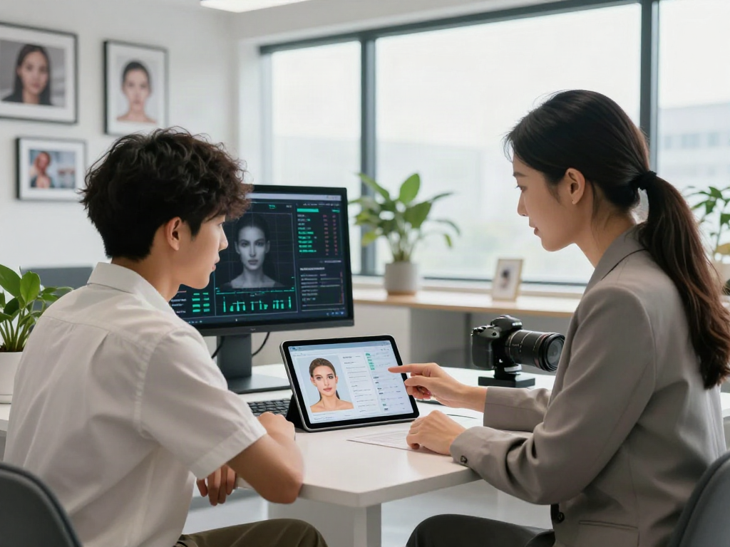 Consultation on ClinicEvo vs QOVES digital facial analysis showcasing metrics and imagery in a modern office setting.