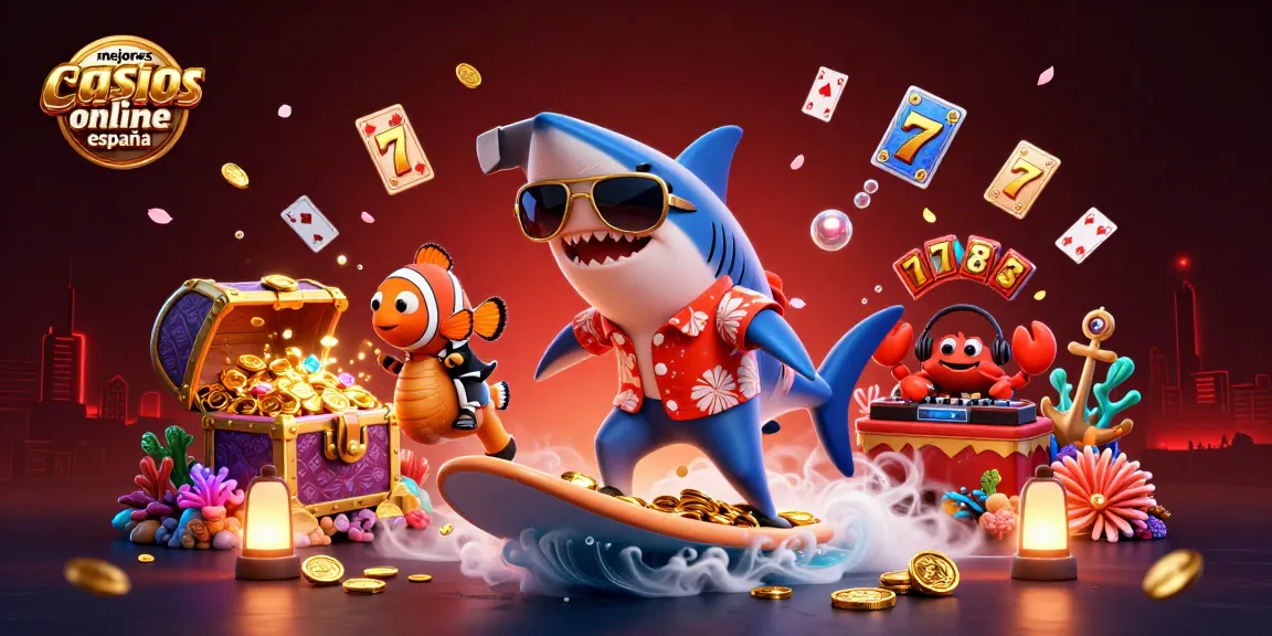 Imagen vibrante de los mejores casinos online en España, con un tiburón surfeando monedas doradas y elementos de tragamonedas.