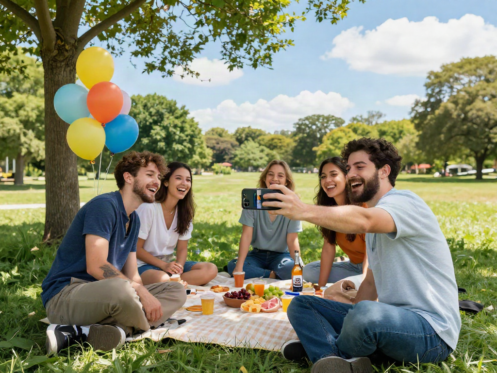 Friends enjoying a sunny park day while calculating how old do I look using an app.