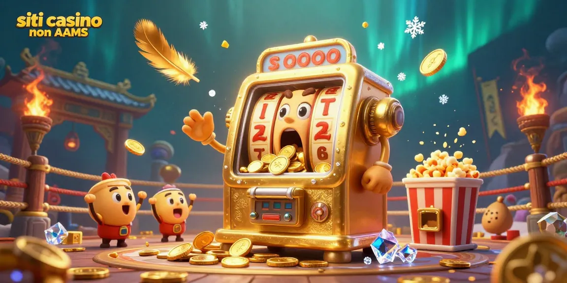 Gioca nei siti casino non AAMS e sbanca alla grande con questa emozionante illustrazione di una macchina delle slot che colpisce un jackpot e svela una pioggia di monete.
