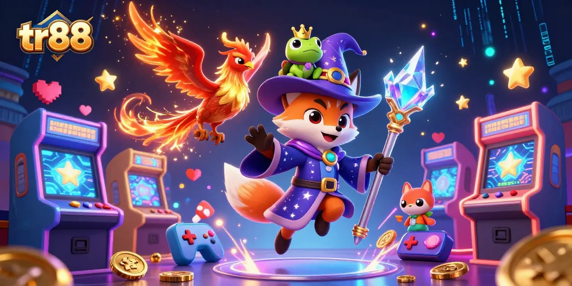 Experience thrilling wins at tr88 with vibrant 3D casino characters and gaming elements surrounding a mystical fox.