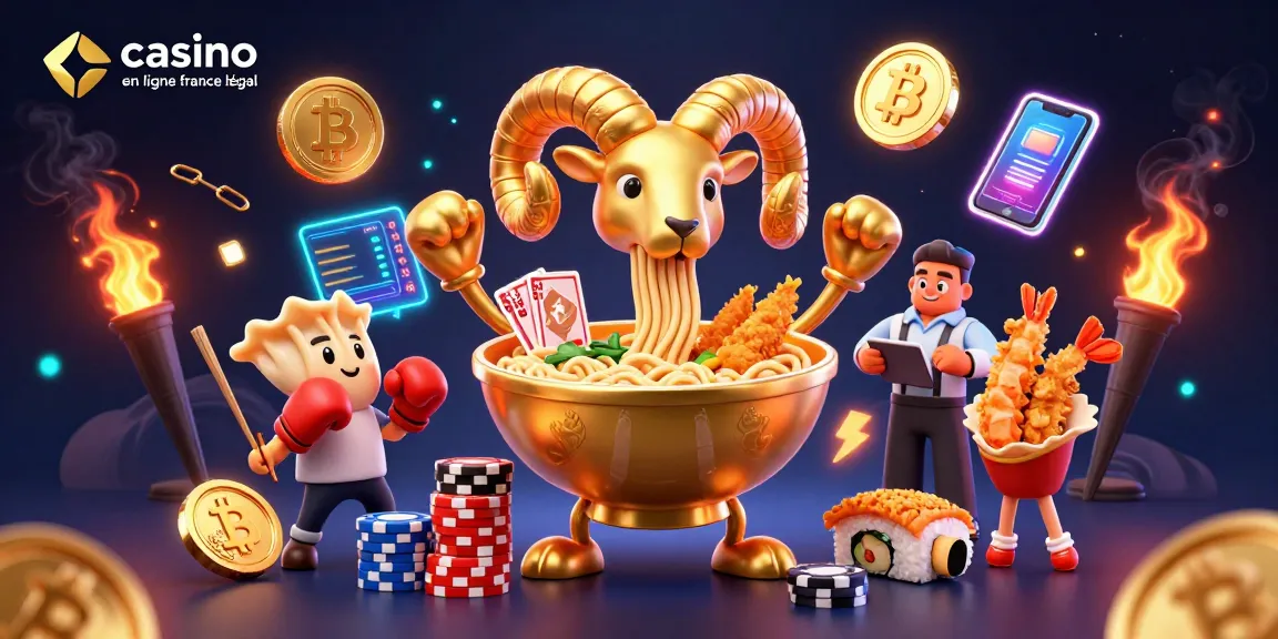 Illustration dynamique de casino en ligne France légal avec un bol de ramen doré et des éléments de jeu en 3D.