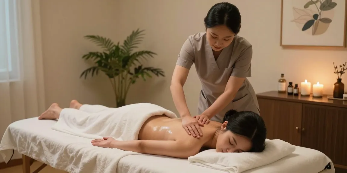성남출장안마로 편안한 마사지 서비스를 받는 고객의 모습, 아늑한 마사지 룸에서 촛불과 에센셜 오일이 배치되어 있는 모습