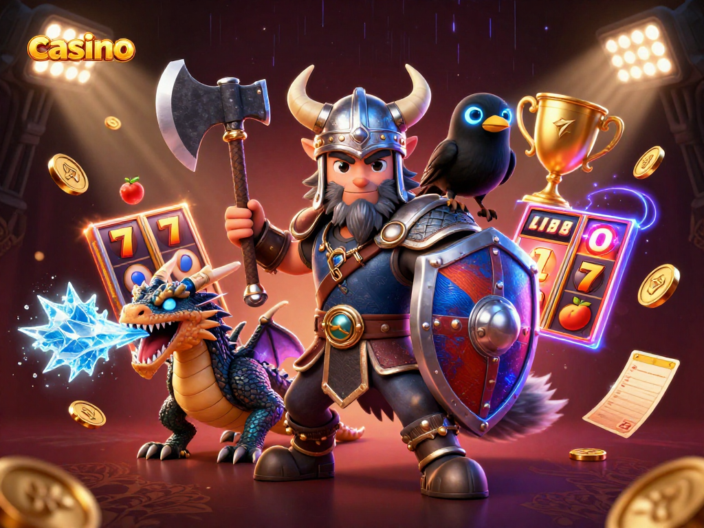 Experience the thrill of casino games with a Viking warrior, dragon, and dynamic elements.