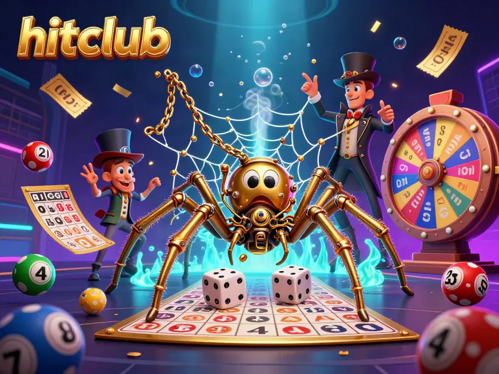 Engage with hitclub strategies as a golden spider weaves a lottery-inspired web, enhancing your game experience.